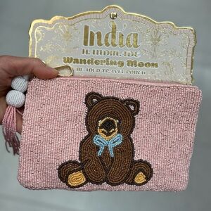 Pink Beaded Pouch with Bear Design